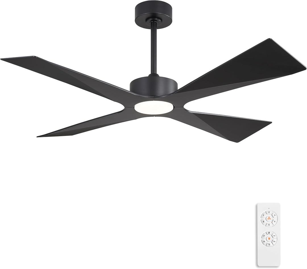 WINGBO 54" Wet Rated Outdoor Ceiling Fan with Lights, 4 ABS Plastic Blades, Reversible DC Motor, 6-Speed Remote Control, 3 CCT, Waterproof Ceiling Fan for Patio Porch Gazebo Garage, Matte Black
