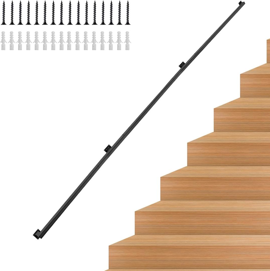 12FT Stair Handrail, Wall-Mounted Square Staircase Handrail, Stair Railing for Indoor & Outdoor Steps, Non-Slip Metal Steel Grab Bar for Stairs, Loft, Porch