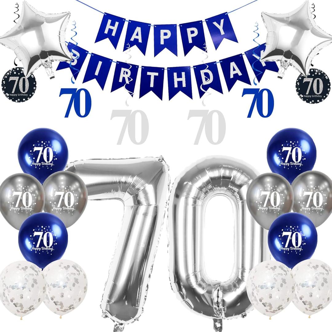 2 x Silver 70th Birthday Decorations Kit with 32in Number Foil Balloons, Swirl Decorations, Happy Birthday Banner & Star Foil Balloons for Milestone Celebration