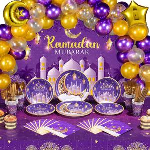 Blushtier 97 Pcs Ramadan Eid Mubarak Party, Tablecloth for Ramadan Decorations (Purple and Gold)Party Decoration Pack