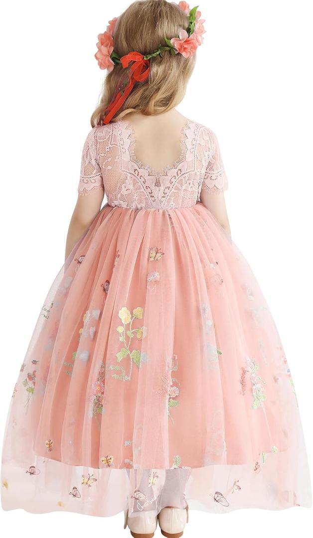Flower Girl Lace Back V-Neck Dress Full-Length Floral Embroidered Toddler Tutu Tulle Dresses for Girls (4-5T, Pink)