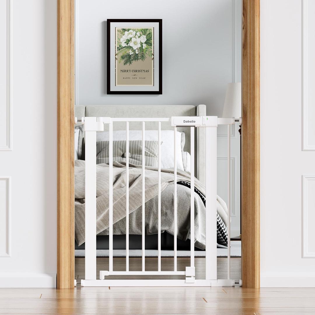 Babelio Baby Gate for Doorways and Stairs, 26-31" Pet Gate with Wide Walk Thru Door and Lock Indicator, No Drill Pressure Mounted Safety Gate with Double Lock and Self-Closing, White
