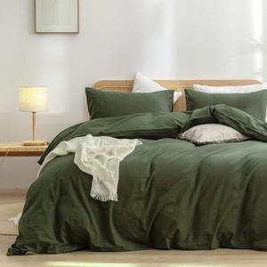 BESTOUCH Duvet Cover Set 100% Washed Cotton Linen Feel Super Soft Comfortable Chic Lightweight 3 PCs Home Bedding Set Solid Olive Green Super King (Super King (108" x 98"))