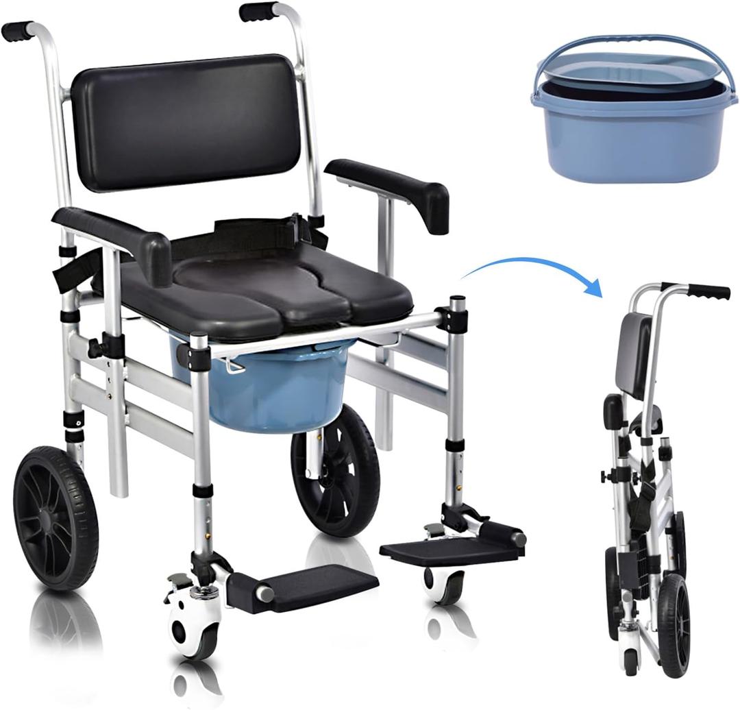 Shower Chair with Wheels 4 in 1 Folding Padded Bedside Commode Wheelchair Height Adjustable Detachable Bucket with Wheels Lifting Armrests Flip-up Footrest for Elderly Disabled