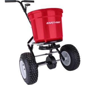 EarthWay 2150 Commercial 50 LB Broadcast Fertilizer Spreader. Heavy-Duty Walk-Behind Push Garden Seeder with Adjustable Drop Rate and Driving Handle. Large 13 inch Pneumatic Stud Tires