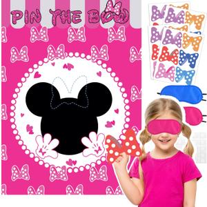Cute Mouse Birthday Party Decoration Game, pin The Bow on The Mouse with 24 Stickers, Pink Poster Party Favors,Kids Games,Party Games (Pink)