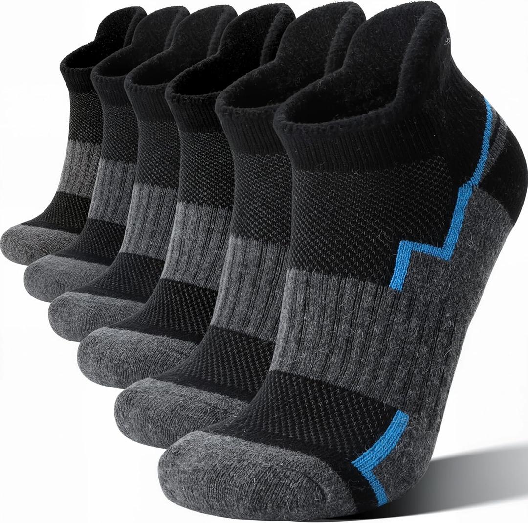 Welwoos 6 Pairs Merino Wool Ankle Hiking Running Socks Compression Support Thick Athletic Low Cut Socks for Women Men (Gray)