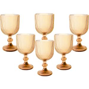 Vintage Wine Glasses Set of 6, 11 Ounces Colored Glass Water Goblets, Colorful Unique Embossed Pattern High Clear Stemmed Glassware Wedding Party Bar Glass Drinking Cups Vertical Line Gold Amber