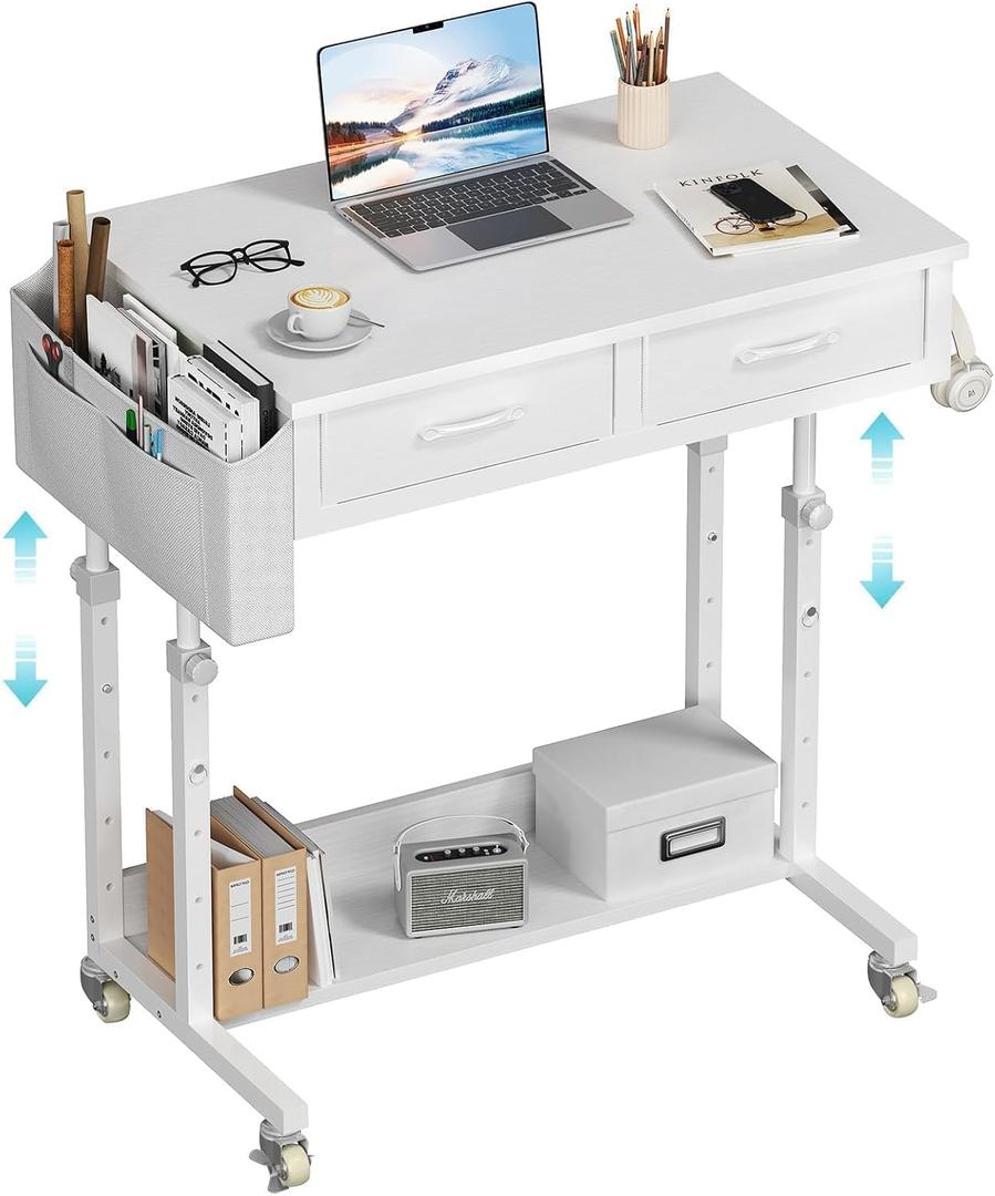 WINAZ Small White Portable Rolling Desk with Drawers & Storage Shelf, 32 Inch Mobile Standing Desk Adjustable Height with Wheels for Home Office, Kids Desks Couch Sofa Side Laptop Craft Table, 31.5"