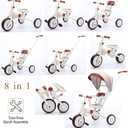 Toddler Push Foldable Tricycle with Canopy, 8 in 1 Balance Trike Baby Bike with Handle Toddler Tricycle for 1-3,Kids Folding Tricycles (White)