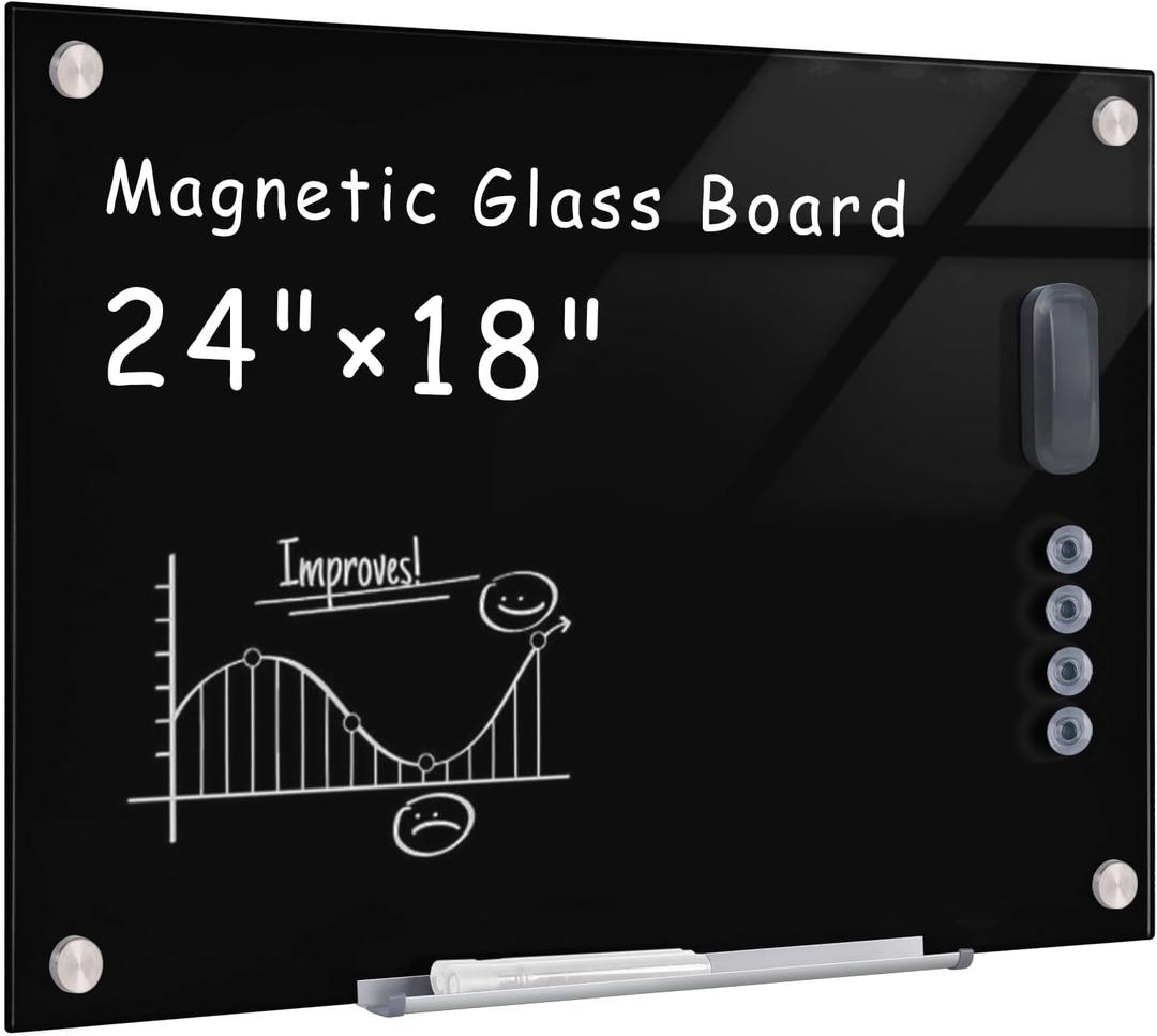 Mifuro Magnetic Glass Whiteboard24"x18" Wall Mounted Frameless Dry Erase Board for Office, Home & School Black