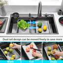 34" x 19.7" Black-Gray Waterfall Kitchen Sink, Drop In Stainless Steel Modern Single Bowl Sink with Pull-Out Spray Faucet, Cup Washer & Accessories