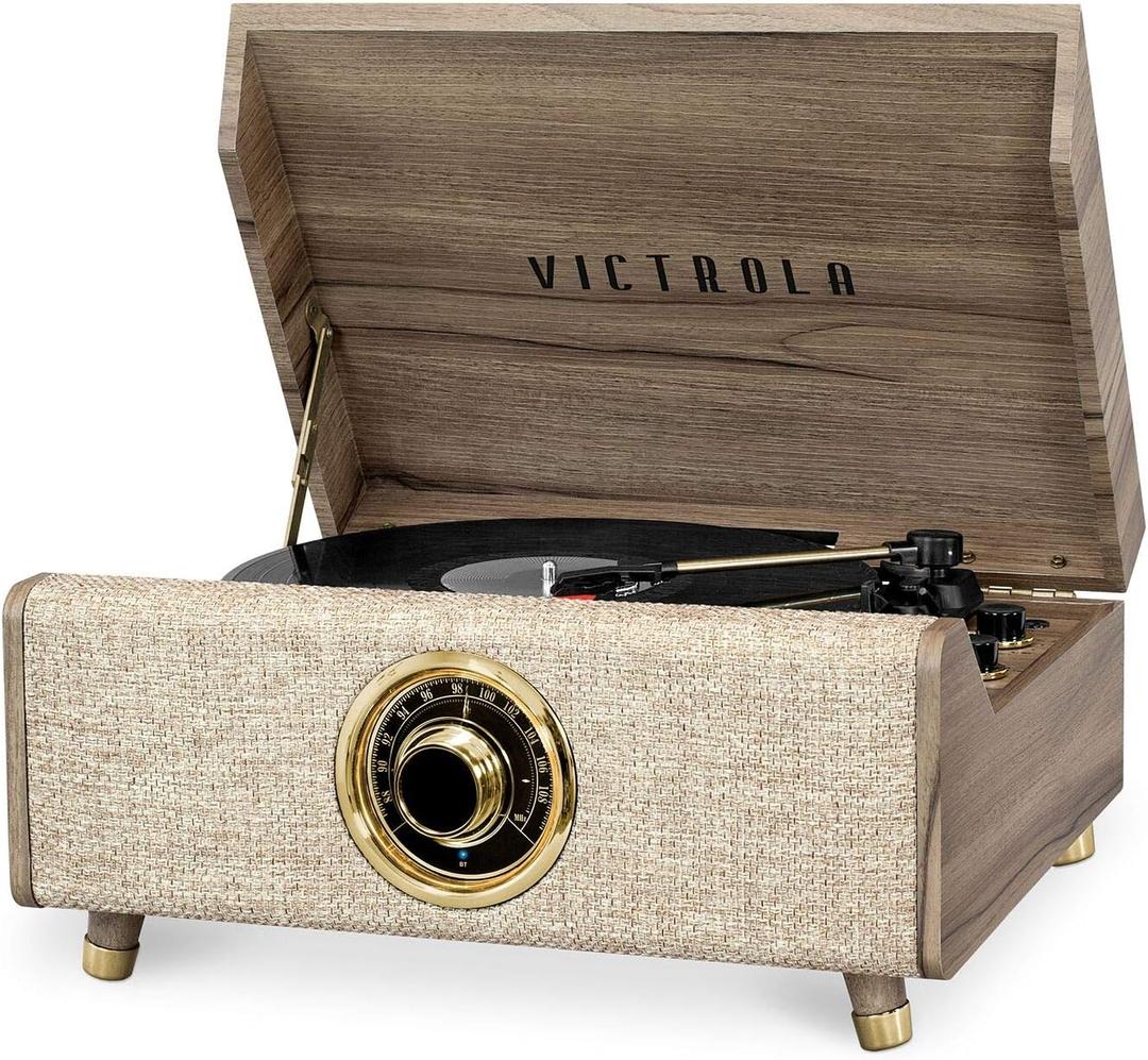 Victrola Highland 4-in-1 Bluetooth Record Player with Speakers  3-Speed Vinyl Record Player, FM Radio & 3.5mm Aux, Wireless Music Streaming (Farmhouse Walnut)