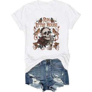 Funny Skull Shirts for Women Vintage Inspired Tee Cute Graphic Tees Spooky Skeleton Tops Casual Short Sleeve Women Top(Black3-S) (Black, S)