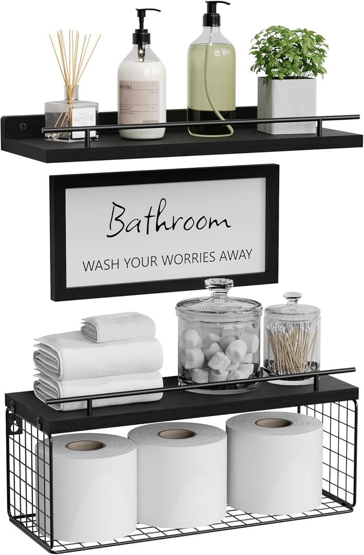 WOPITUES Floating Shelves for Wall Decor Sign, Bathroom Organizers and Storage, Bathroom Shelves Over Toilet with Metal Guardrail - Black