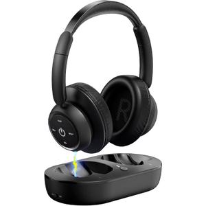 Wireless Headphones for TV Watching, TV Headphones Wireless for Seniors with Transmitter Charging Base, Support Optical,AUX,RCA and USB, High Volume No Audio Delay, Plug and Play, Black