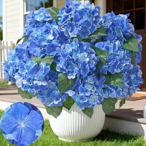 12 Heads Artificial Flowers for Outdoors, UV Resistant Faux Hydrangea Flowers for Outdoor Planters Front Porch Garden Window Box Patio Decor Blue