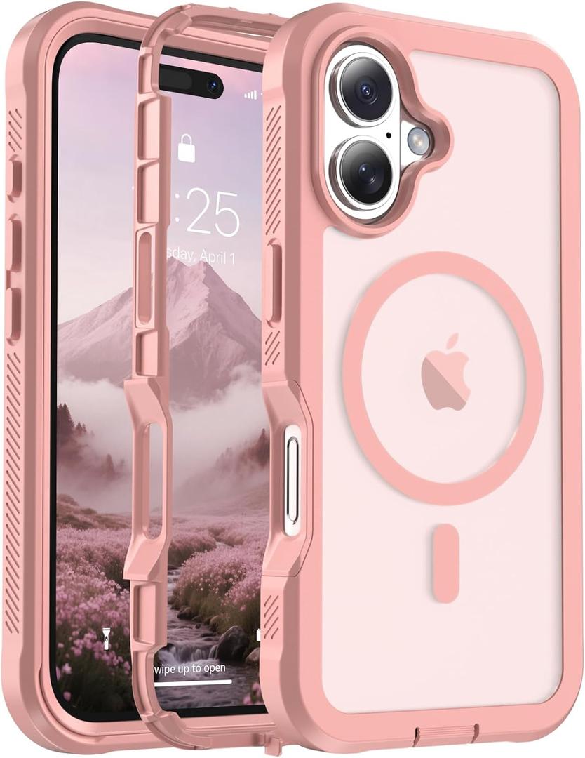 jaroco Magnetic for iPhone 16 Case, [Compatible with MagSafe][Military Grade Drop Protection][Heavy Duty Protection][Non-Slip][Shockproof] 2-Layer Durable Bumper Phone Case 6.1''-Pink
