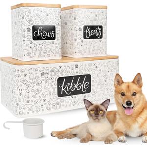 A&N Essentials 3-Piece Pet Food Storage Container Set Airtight Galvanized Steel with Bamboo Lids Holds Up to 6 lbs Kibble & 6 Cups Treats for Dogs & Cats