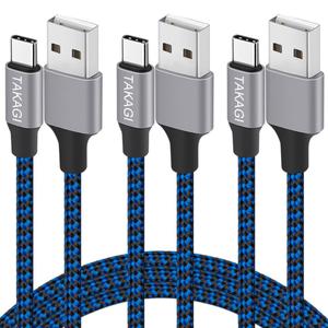 TAKAGI USB to USB C Cable (3Pack 6ft) USB A to Type C Cable Fast Charging Nylon Braided Data Sync Transfer Cord USB C Charger (Blue)