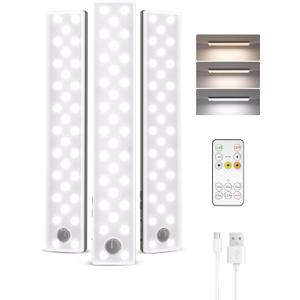 EZVALO 62 LEDs Under Cabinet Lighting, 2000mAh LED Closet Lights with Remote 3 Color Temps, Rechargeable Motion Sensor Lights Indoor Battery Operated, Wireless Under Counter Lights for Kitchen 3 Pack