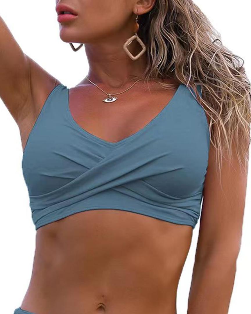 Fanuerg Women's Twist Front Bikini Top V Neck Push Up Padded Swimsuit Top Bathing Suits (Medium, 01- Grey Blue)