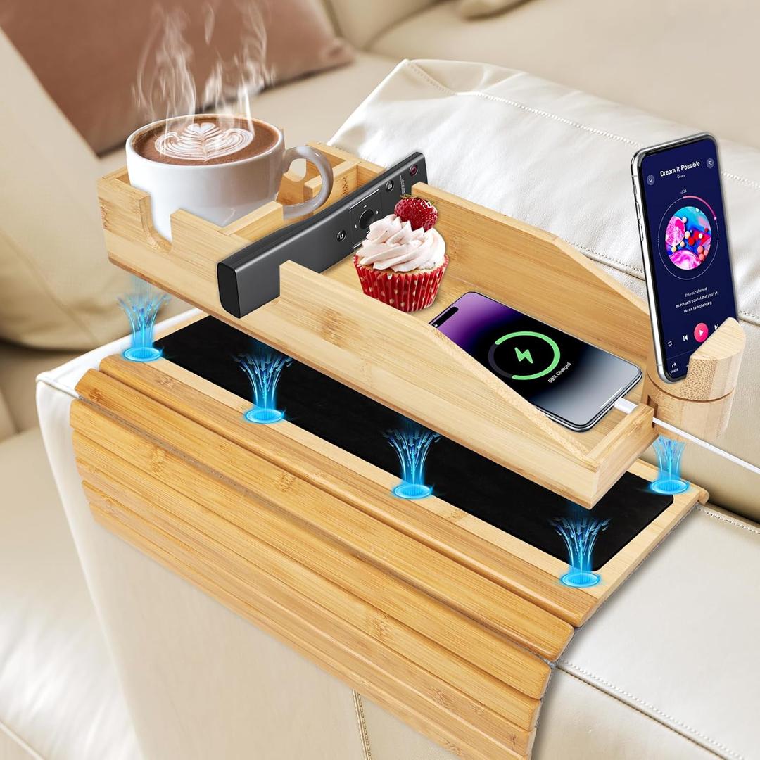Bamboo Couch Cup Holder5 in 1 Design Foldable Anti-Slip Bamboo Sofa Armwith Removable Couch Cup Holder,for Snacks, Phone, Remote Control Organizer(Natural Color)