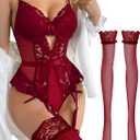 Lilosy Sexy Stocking Lace Mesh Bodysuit Top Underwire Garter Lingerie Set One 3 Piece Bows Push Up Floral Sheer Babydoll Women Teddy See Through Burgundy Red Small
