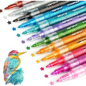 HOTU Glitter Markers Pen, 12 Glitter Colors Paint Pens Sparkly Metallic Shimmer Acrylic Marker Fine Point Tip 0.7mm Water-based Ink for Adults DIY Crafts Greeting Birthday Cards