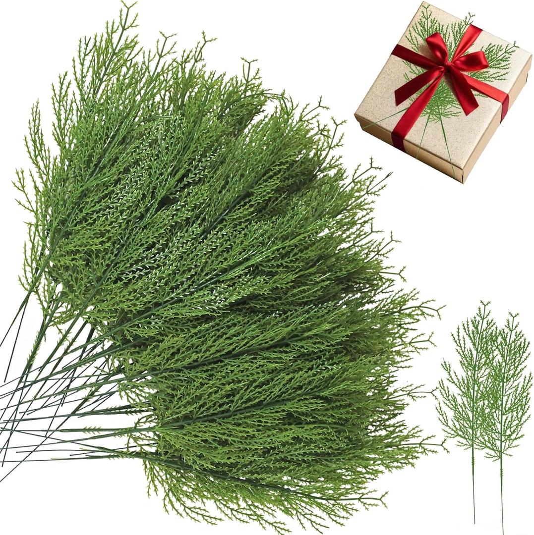 100 Pcs Artificial Pine Sprigs Green Faux Greenery Stems, Fake Christmas Pine Leaves Picks Small Plastic Needle Branches for Holiday Xmas Winter DIY Home Decorations