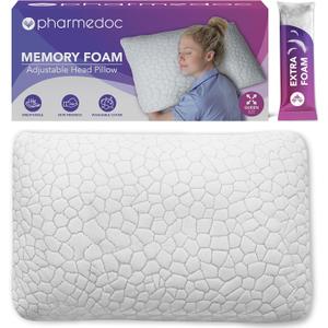 Pharmedoc Adjustable Shredded Memory Foam Bed Pillow - Perfect for Side Sleeper - Rectangular - Neck Support for Pain Relief - Queen Size - Extra Filling Pack