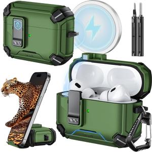 Inesore Compatible with AirPods Pro 2nd/1st Generation Case Cover with Phone Stand & Cleaning Kit,Compatible with Magsafe,Magnetic Automatic Lock for iPod Pro Charging Case(USB-C/Lightning Cable), Dark Green 