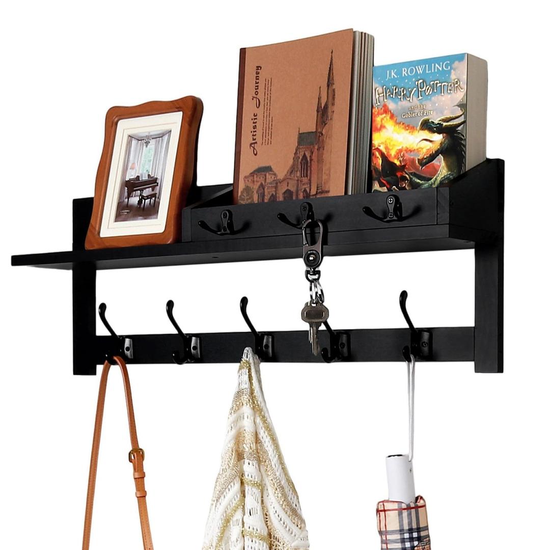 Exper City Coat Rack Wall Mount with Shelf, 26IN Wooden Coat Hanger Hooks Wall Mount with 8 Metal Hooks, Hanging Shelf with Hooks, Black