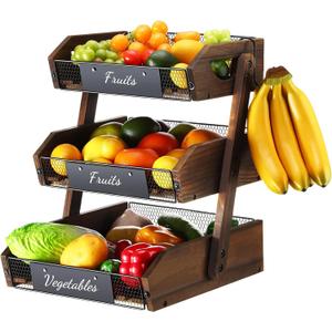 3 Tier Fruit Basket for Kitchen Counter Organizer with Banana Hangers Wooden Fruit Basket Kitchen Counter Storage Holder for Onion Potato Bread Vegetable Organize(11.7 x 12.5 x 15.7 Inches)