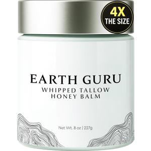 Earth Guru XL 8 OZ Whipped Beef Tallow for Skin,100% Natural Beef Tallow and Honey Balm, Face Moisturizer & Body Lotion Cream, Grass-Fed & Finished, Sebo De Res Para La Cara, Organic Olive Oil, Manuka