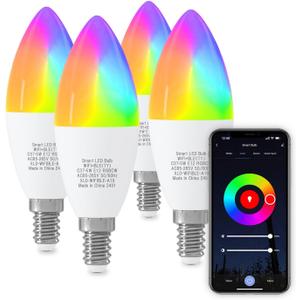 ORALUCE Smart Light Bulbs, WiFiBluetooth E12 Smart Bulbs That Work with Alexa Google Home Compatible, 40W Equivalent Type B LED Light Bulb, RGBCW 2700-6500K Color Changing, 5W 450LM, 4Pack, (C37-5W)