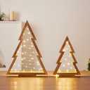 2 Pack Wooden Tabletop Christmas Trees with Lights & Timer, Modern Christmas Decorations Indoor, Farmhouse Christmas Decor Small Tree for Table Top, Mantle, Shelf (Large-14.2 in, Small-10.2 in)