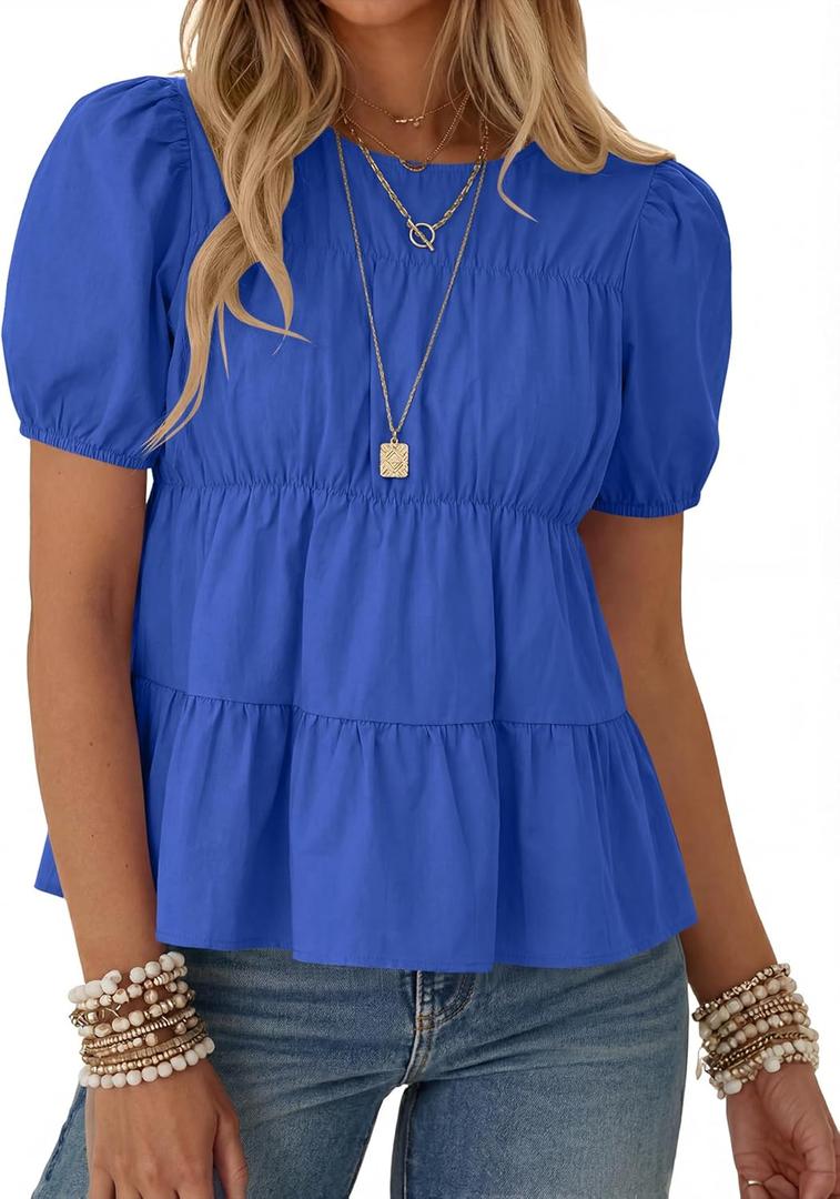Rapbin Womens Puff Short Sleeve Babydoll Tops Summer Peplum Pleated Cotton T Shirts Casual Loose Fit Flowy Blouses (X-Large, Royal Blue)
