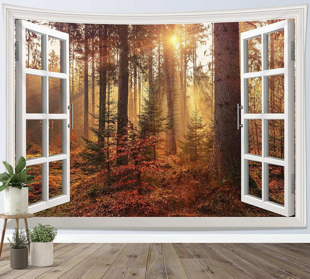 HVEST Fall Forest Tapestry Autumn Maple Tree Misty Forest Window Wall Tapestry for Bedroom Aesthetic Nature Landscape Wall Art Decor for Living Room Dorm, 40L x 60W Inches (Brown)