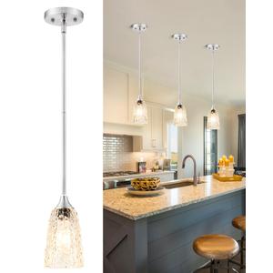 SADUENFR Brushed Nickel Pendant Lights Kitchen Island, 1-Light Hammered Glass Pendant Light Fixtures with Clear Glass and Rods, Modern Hanging Light for Kitchen Sink Dining Room Bedroom, E26