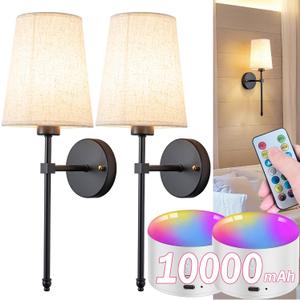 Battery Operated Wall Sconce Set Of Two with Remote Control, Indoor Not Hardwired Dimmable Battery Operated Wall Sconce Light Fixture with Fabric Linen Shade For Bedroom Living Room, Bulb Included 
