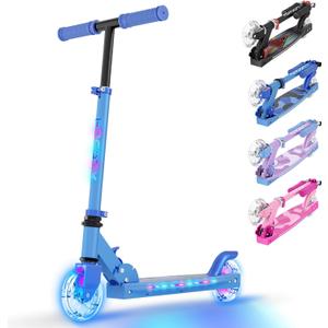 TONBUX Scooters for Kids 5-7, 2 Wheel Scooters with Cool Light Up Stem, Wheels, and Deck, 4 Level Adjustable Height Kick Scooter, Foldable and Lightweight Scooter for Kids 8-12, Blue