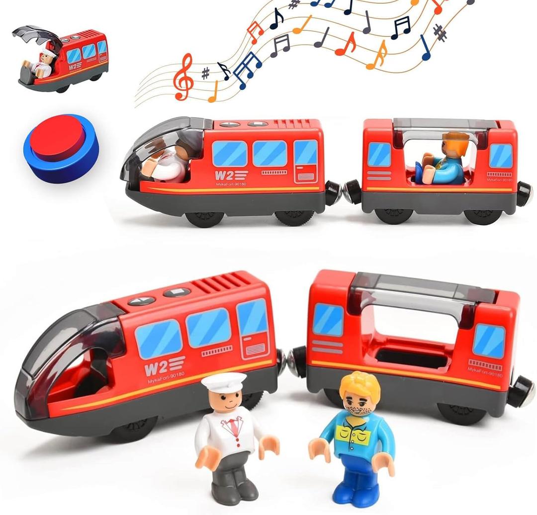 Giant bean Battery Operated Electric Locomotive Magnetic Train Set for Wooden Train Tracks, Powerful Engine Compatible with Most Brands, Wood Train Track Toys for Kids 3+