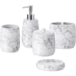 Bathroom Accessories Set, 5-Piece Ceramic Bath Accessory Complete Set with Lotion Dispenser/Soap Pump, Cotton Jar, Soap Dish, Tumbler and Toothbrush Holder (Marble Look)