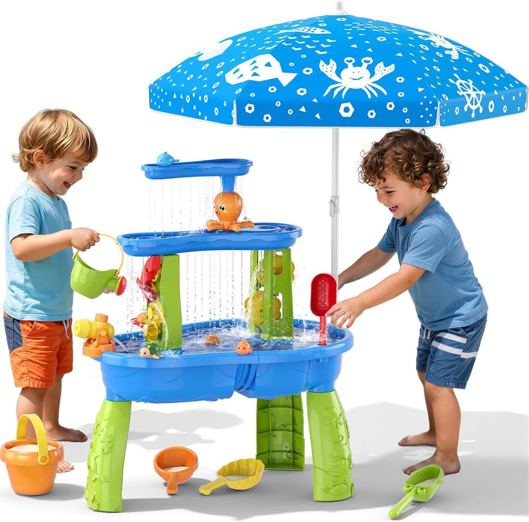 Wee Wonders 3-Tier Water Table with Adjustable Umbrella for Kids, Blue
Kids Sand Water Table includes Sand Toys & Fishing Game, Sensory Activity Playset for Outdoor Beach, Summer Toys for Boys 3+