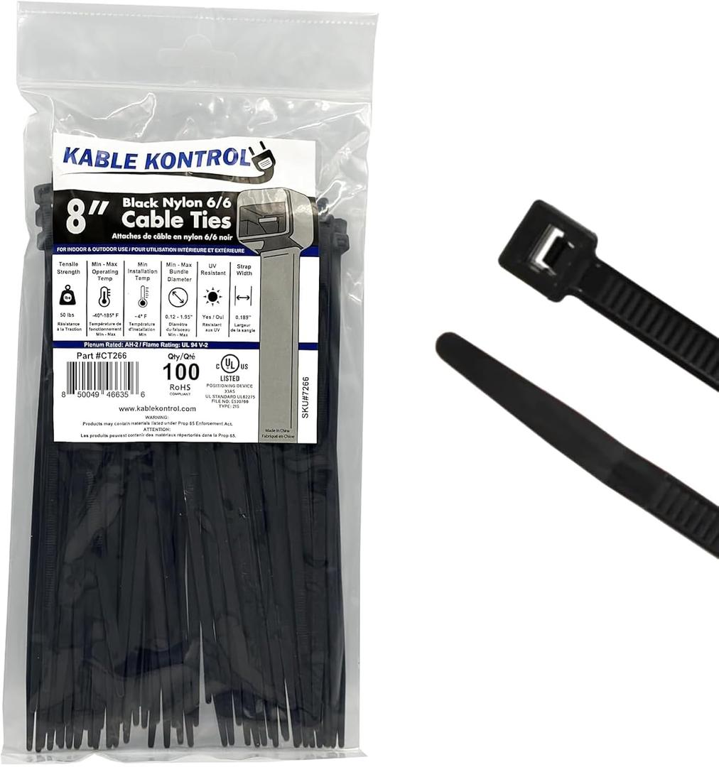 Kable Kontrol Cable Zip Ties 100 Pcs 8 Inch Black, 50 Lbs Tensile Strength, Self-locking UV Resistant Plastic Nylon Wire Ties, for Indoor or Outdoor Use Black