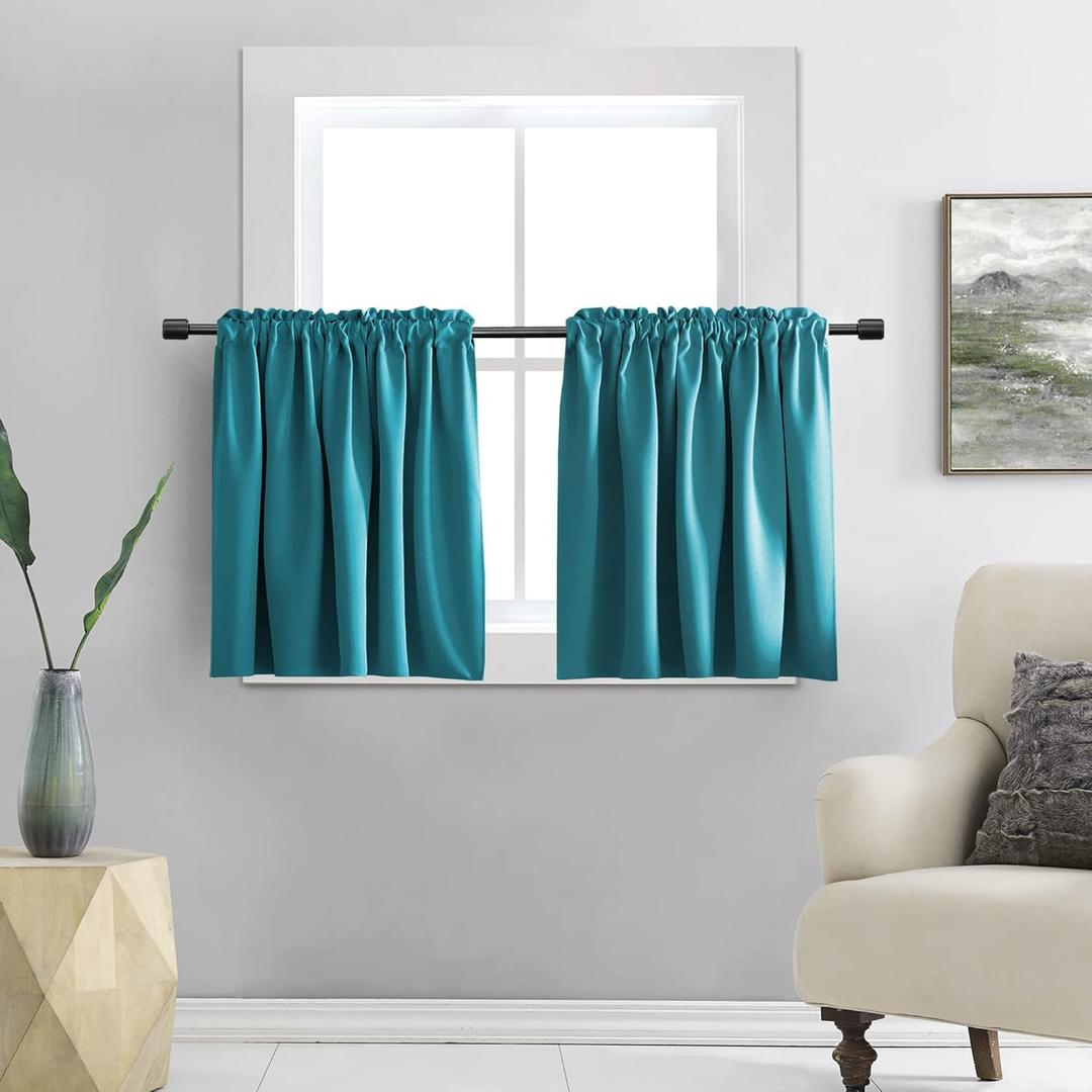 DONREN Teal Small Window Curtain Panels Room Darkening Curtain Tiers for Bathroom with Rod Pocket (42 x 24 Inch,1 Pair)