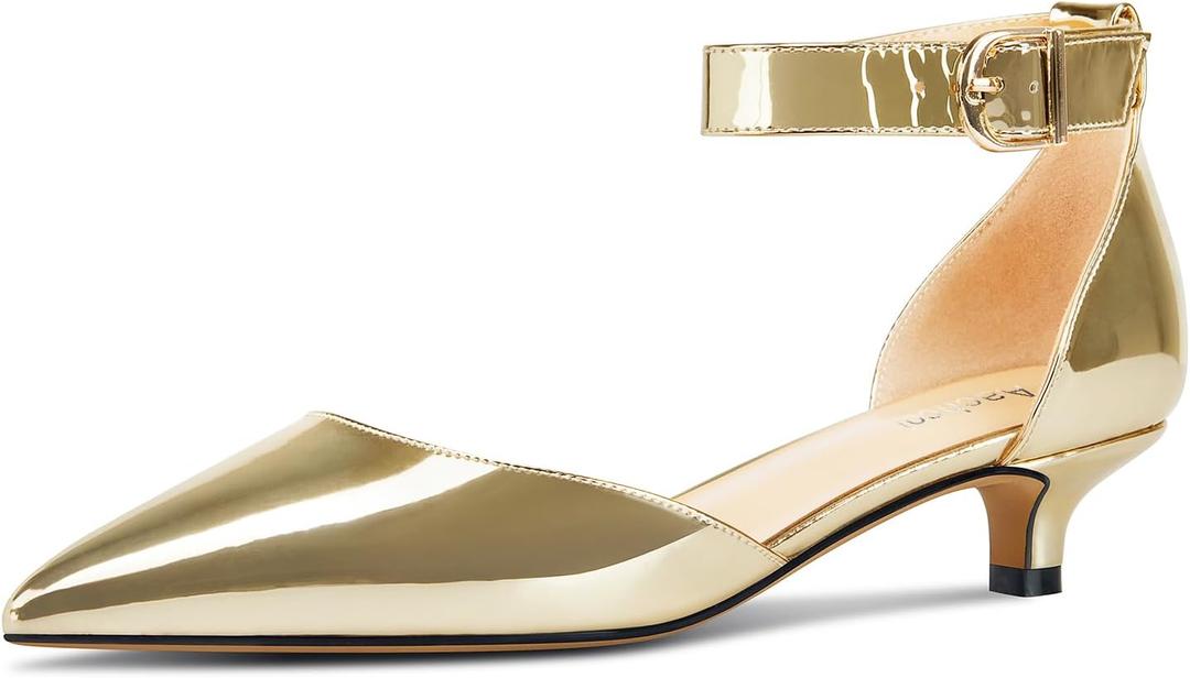 Aachcol Women Kitten Low Heel Ankle Strap Pumps Pointed Toe Sandals Dress Shoes Party Office Wedding 1.5 Inch (6, Gold)