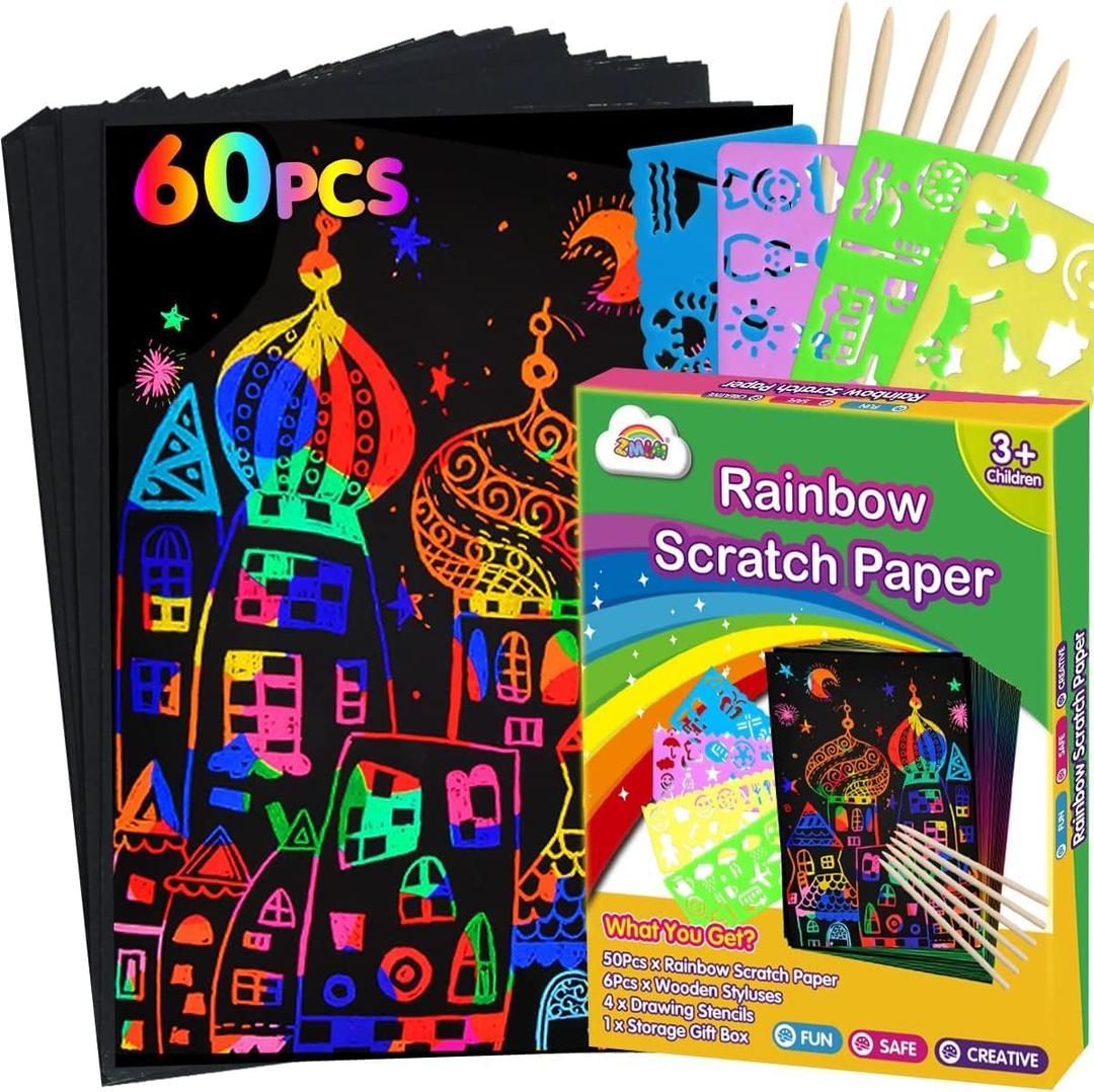 ZMLM Scratch Paper Art Set: 60 Pcs Magic Art Craft Kid Return Gifts Scratch Paper Supplies Toddler Preschool Learning Toys for Age 3 4 5 6 7 8 Girls Boys Birthday Activities Party Favors, 5 * 7.2
