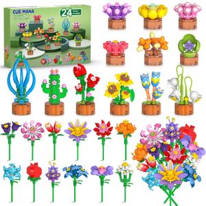 24 Pack Flowers Party Favors for Kids Building Set - 827PCS Succulents 3.6MM Mini Building Blocks Toy for Easter Basket Stuffers, Classroom Prizes, Mother's Day Birthday Gift for Girl Boy Ages 6+